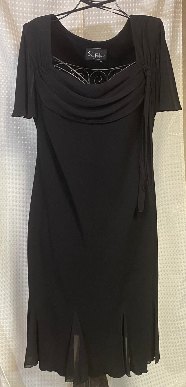 S.L. Fashions Woman Draped Cowl Neck Black Sheath Midi Dress